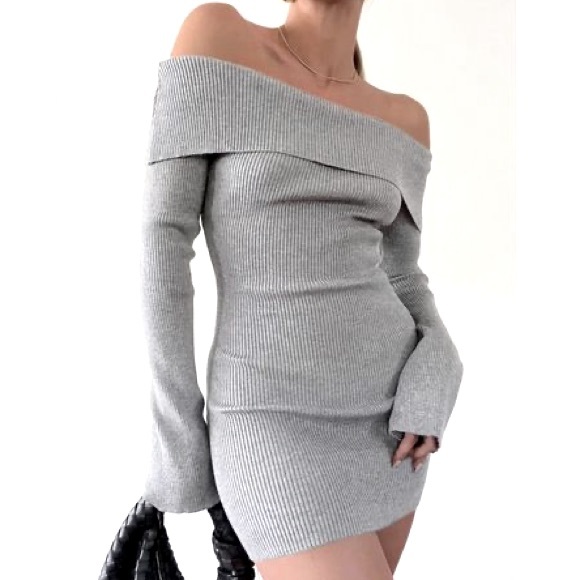 NWT MODERN MINIMALIST lovers COMMENSE gray knit off shoulder mini dress S - Picture 4 of 9